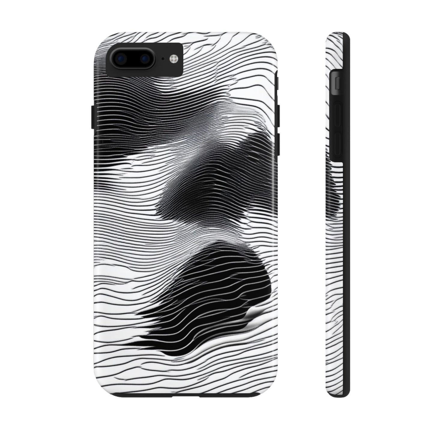 The front and side of a smartphone case for iPhone 7 Plus, iPhone 8 Plus featuring a glitch poster design with distorted black and white wave-like lines.