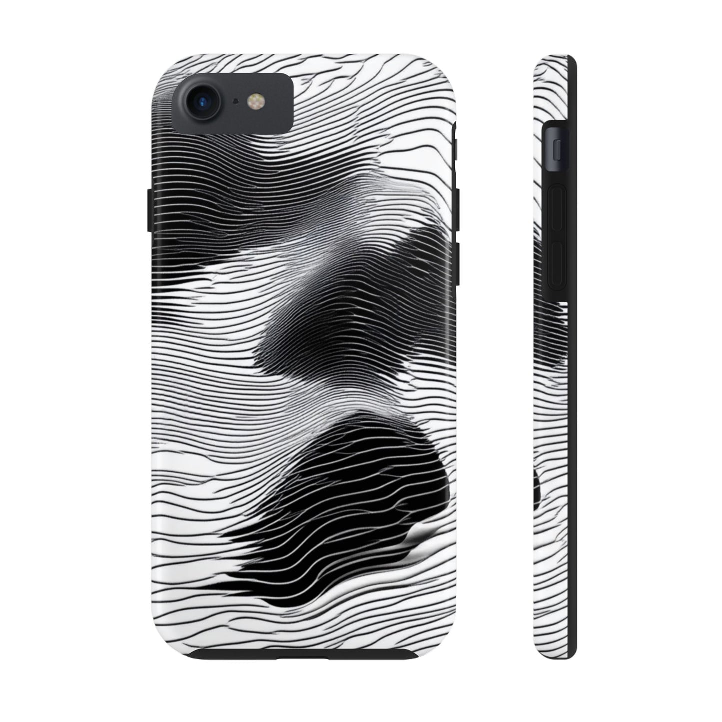 The front and side of a smartphone case for iPhone 7, iPhone 8, iPhone SE featuring a glitch poster design with distorted black and white wave-like lines.
