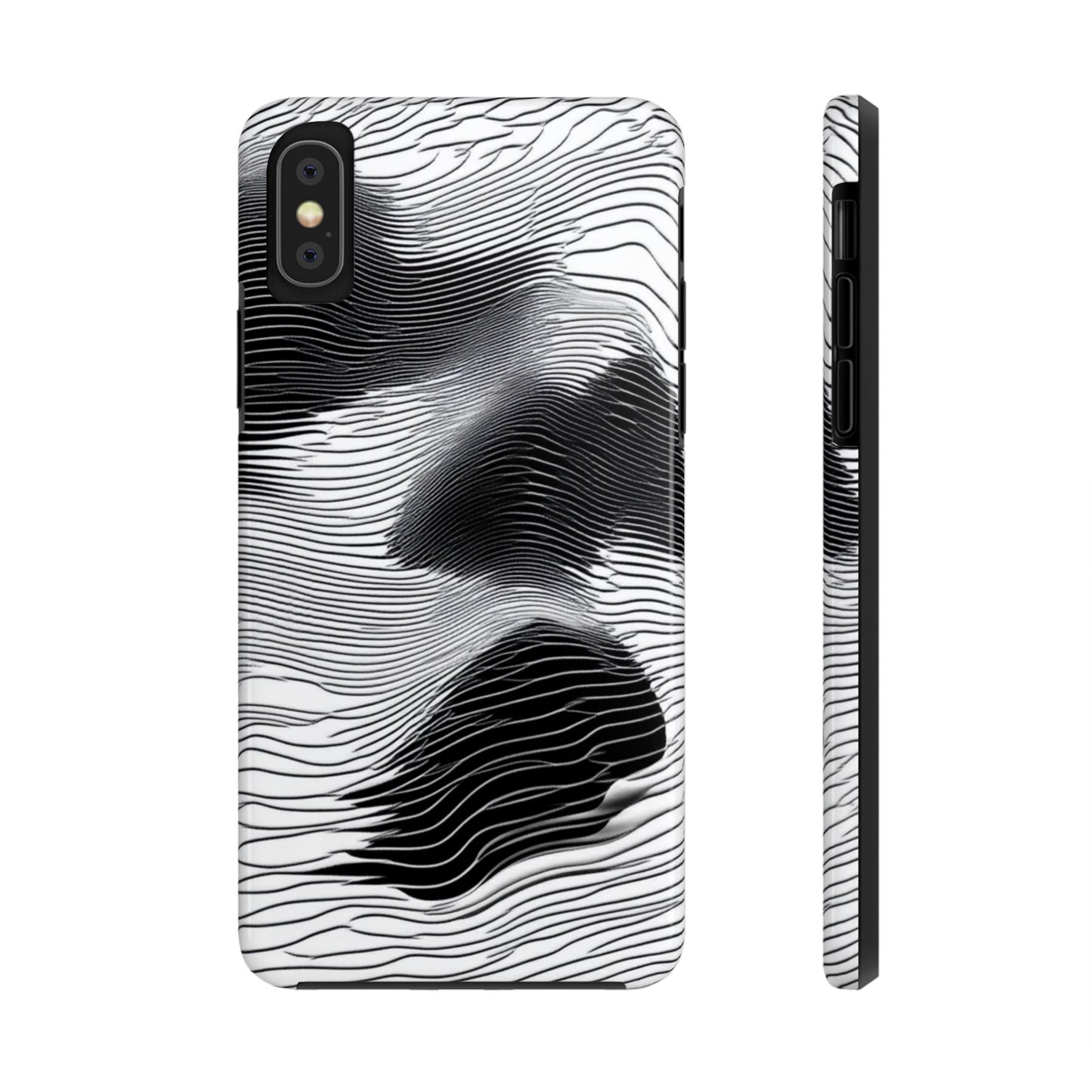 The front and side of a smartphone case for iPhone X featuring a glitch poster design with distorted black and white wave-like lines.
