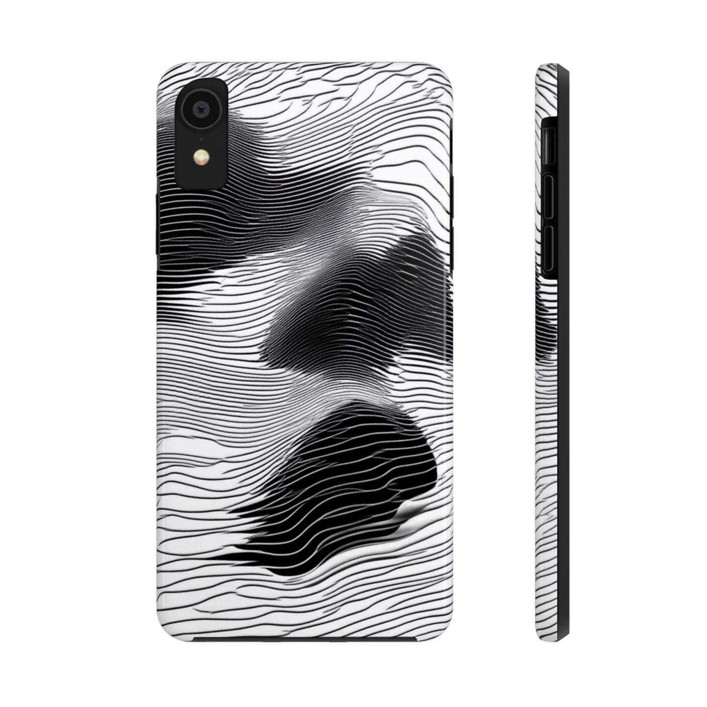 The front and side of a smartphone case for iPhone XR featuring a glitch poster design with distorted black and white wave-like lines.
