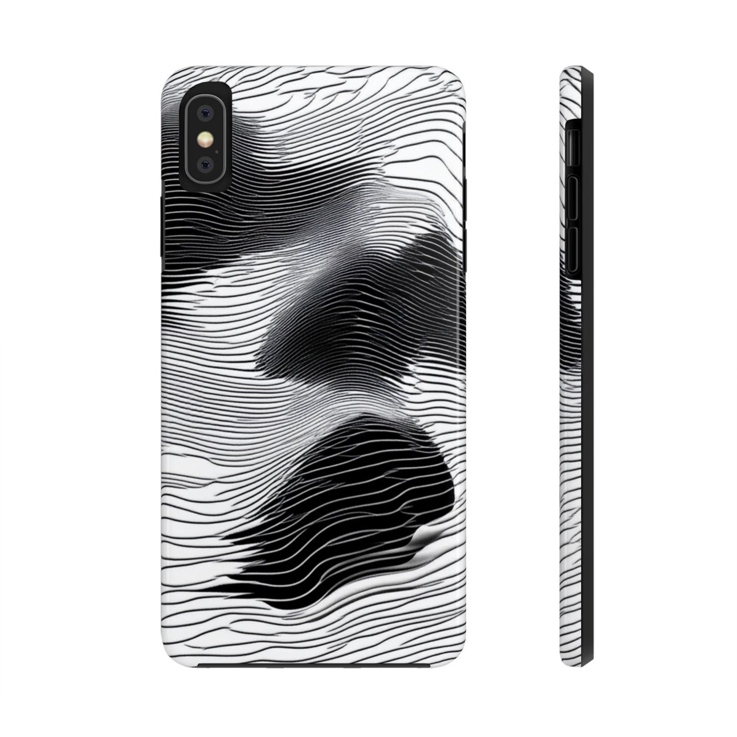 The front and side of a smartphone case for iPhone XS MAX featuring a glitch poster design with distorted black and white wave-like lines.
