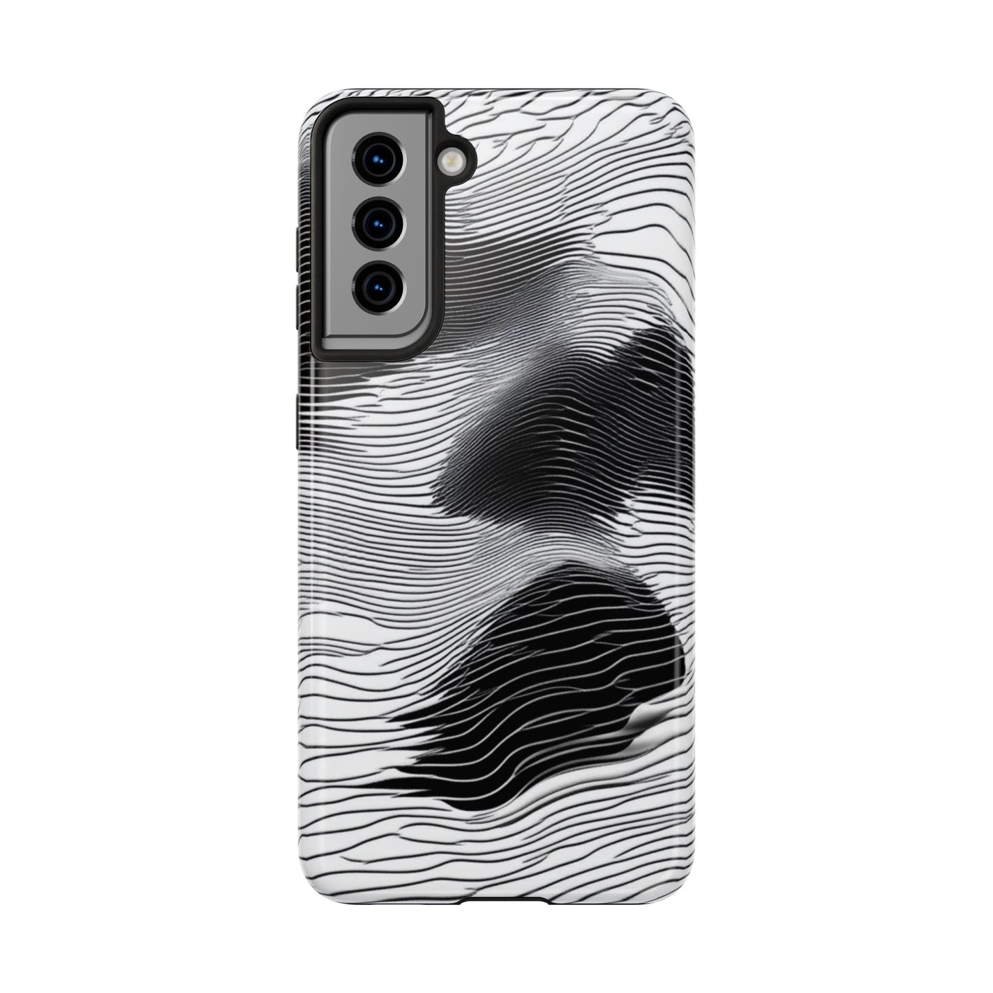 The front of a smartphone case for Samsung Galaxy S21 featuring a glitch poster design with distorted black and white wave-like lines.
