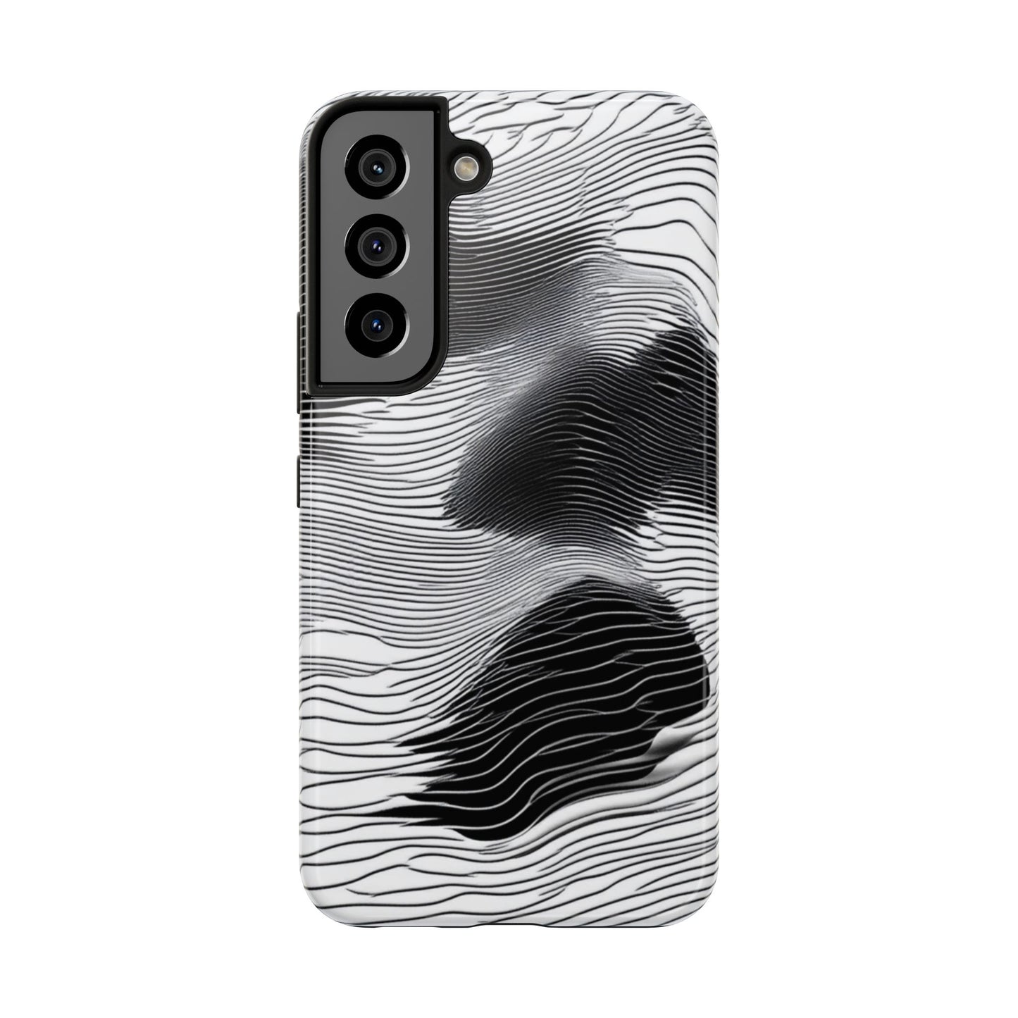 The front of a smartphone case for Samsung Galaxy S22 featuring a glitch poster design with distorted black and white wave-like lines.
