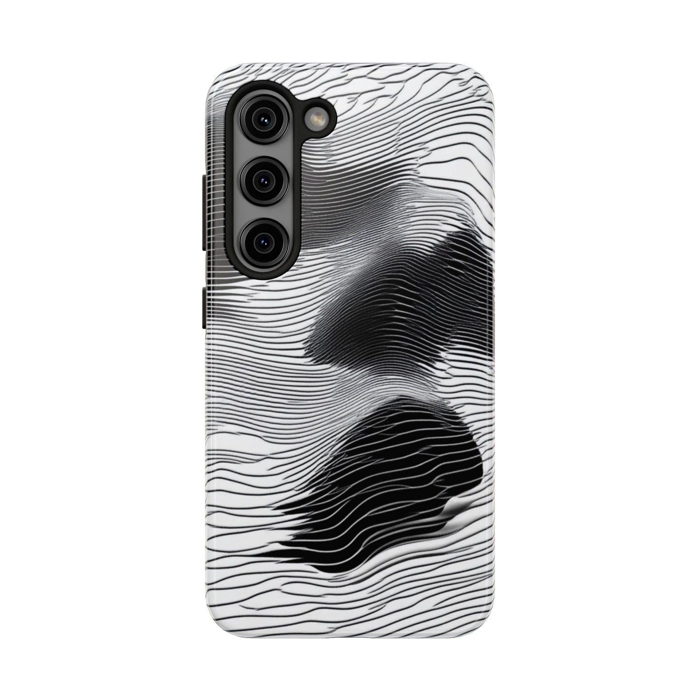 The front of a smartphone case for Samsung Galaxy S23 featuring a glitch poster design with distorted black and white wave-like lines.
