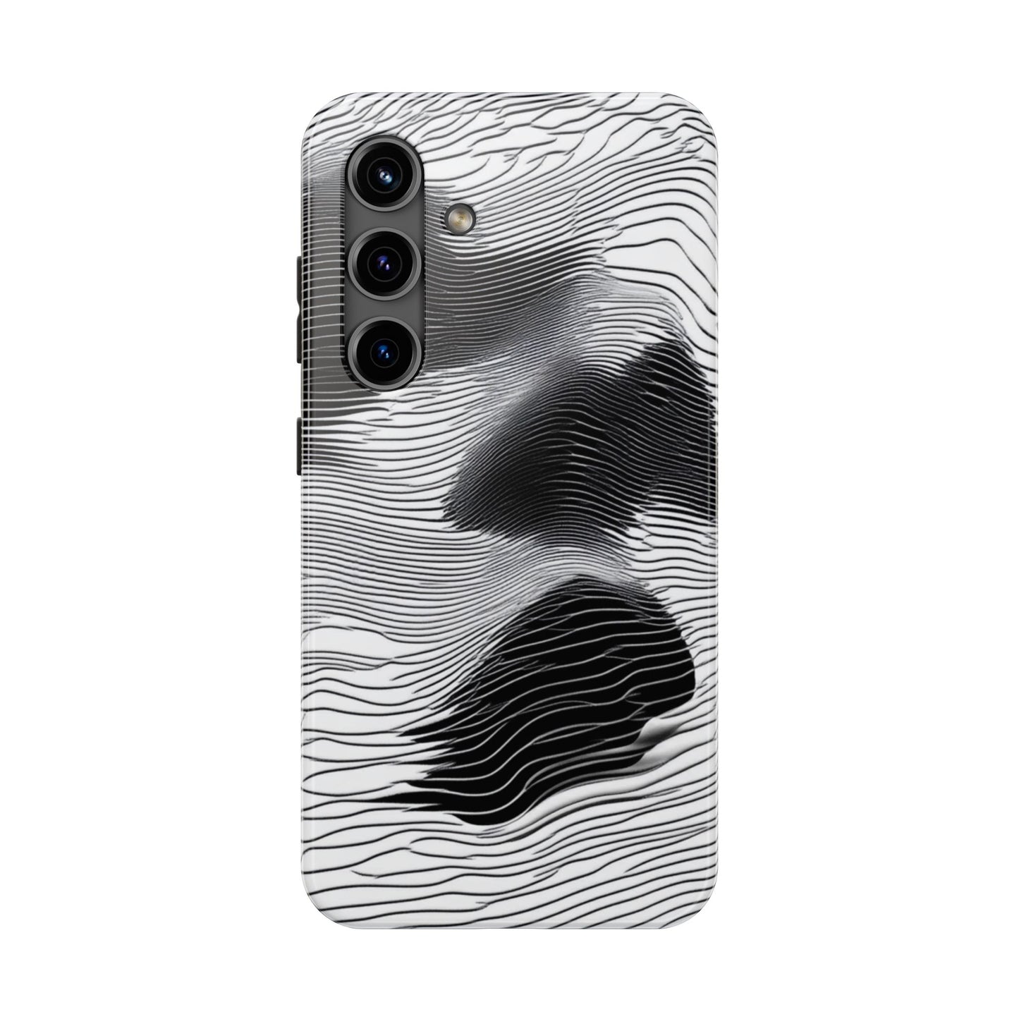 The front of a smartphone case for Samsung Galaxy S24 featuring a glitch poster design with distorted black and white wave-like lines.
