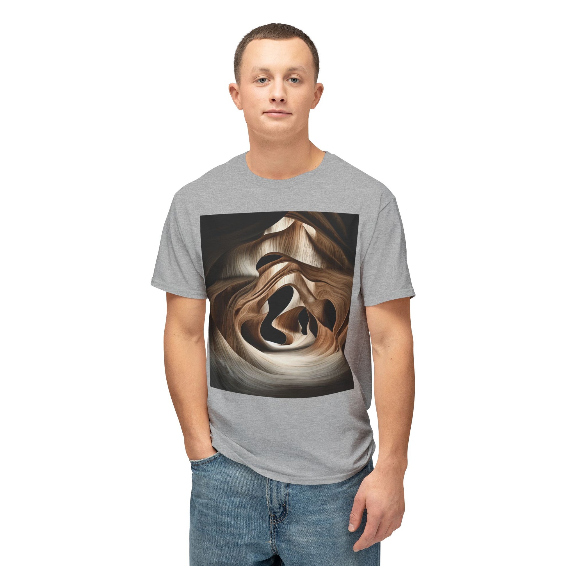 Athletic heather t-shirt with an abstract wave-like wood grain design.
