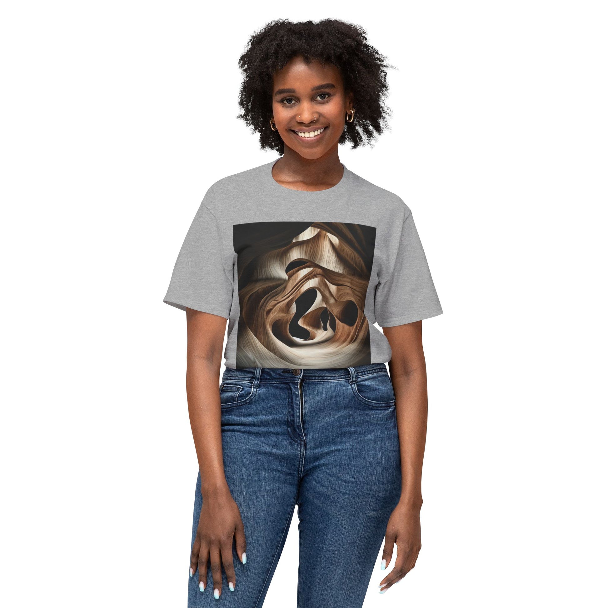 Woman in an athletic heather T-shirt with an abstract, wave-like wood grain pattern