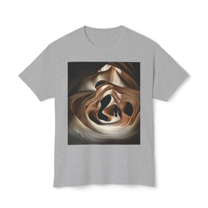 Athletic heather-colored T-shirt with abstract wave-like wood grain design.
