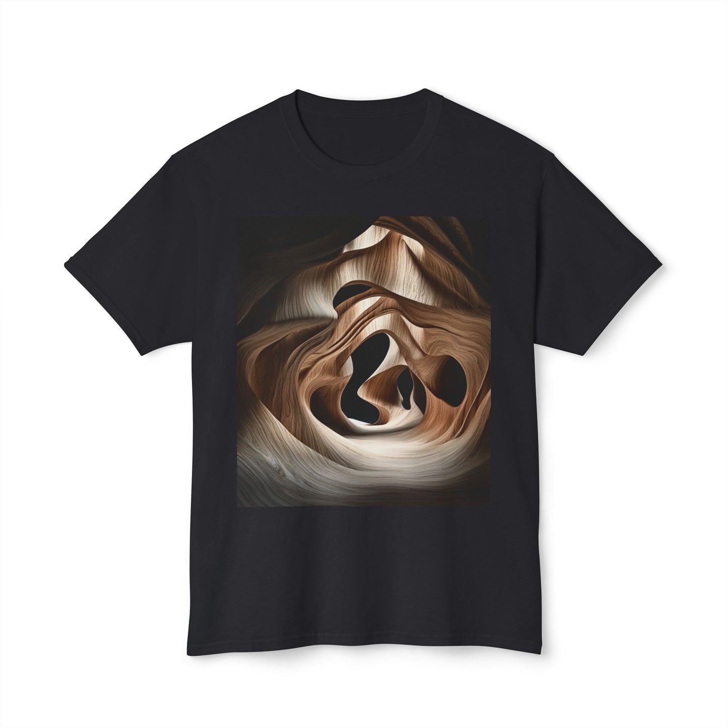 Black t-shirt with abstract wood grain design.