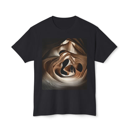 Black t-shirt with abstract wood grain design.