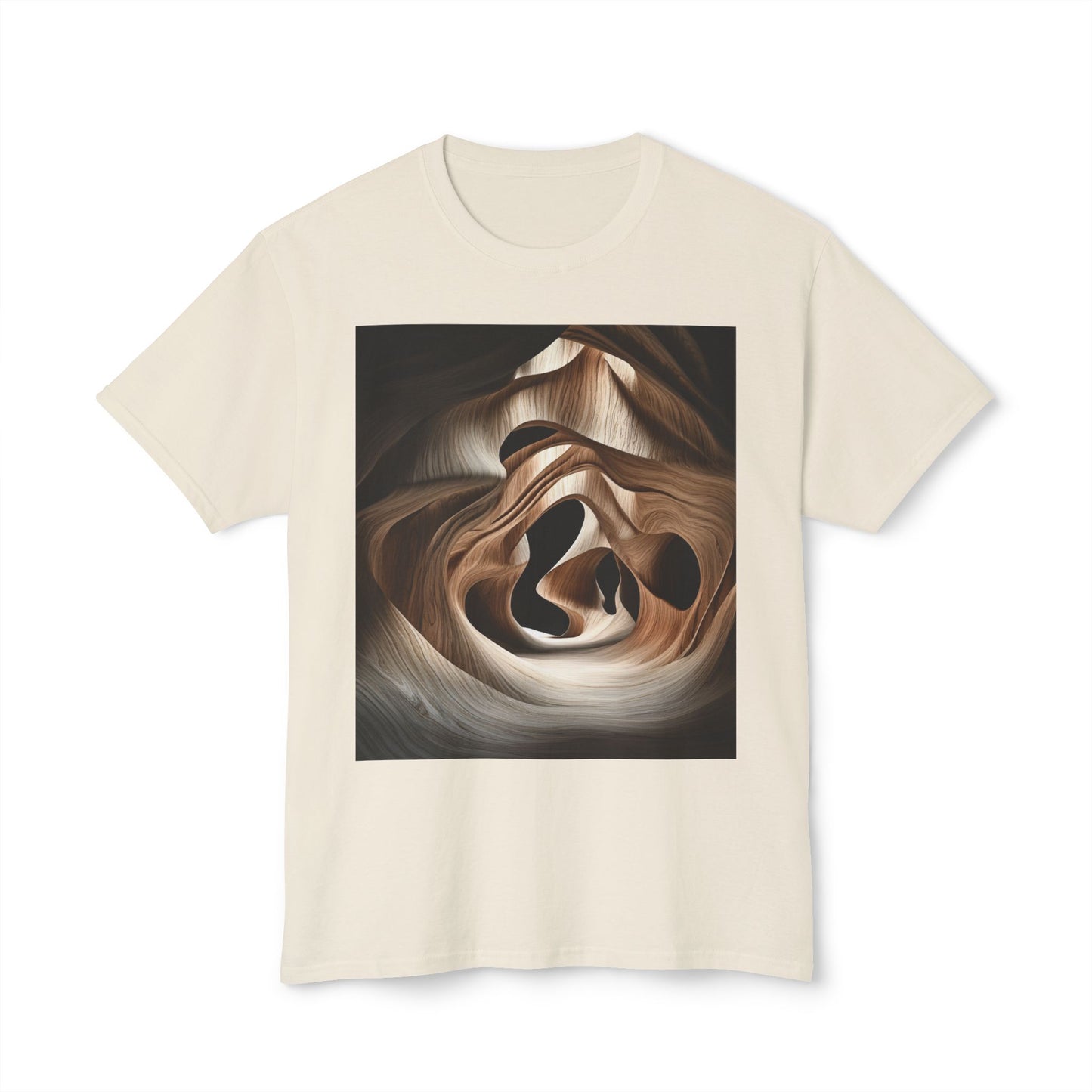 Natural-colored T-shirt with an abstract wave-like wood grain design.
