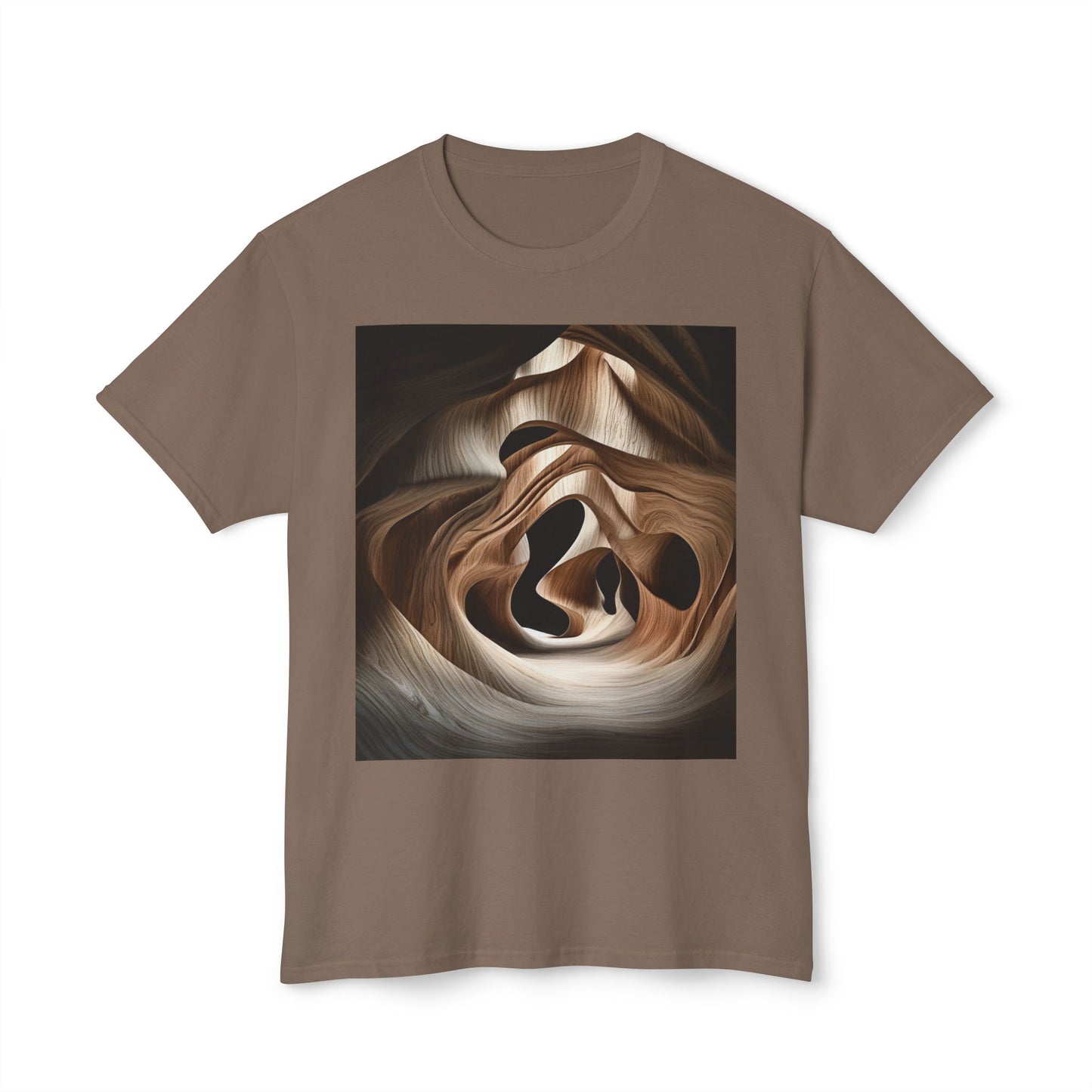 Safari-colored T-shirt with an abstract wave-like wood grain design.
