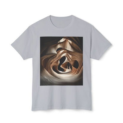 Silver-colored T-shirt with abstract wave-like wood grain design.
