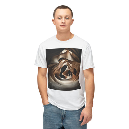 Young man with short hair wearing a white T-shirt with an abstract wave-like wood grain design.