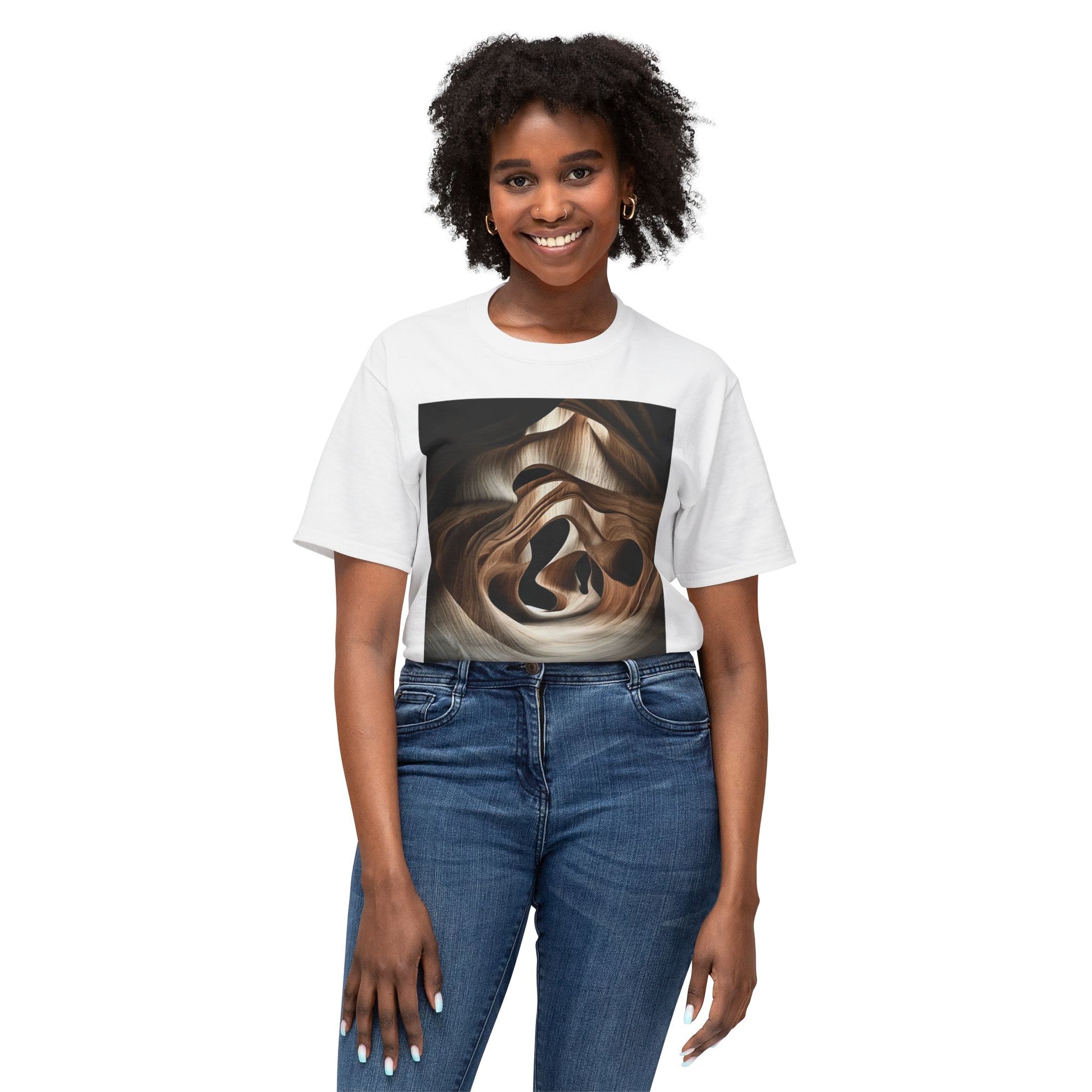 Woman in white T-shirt with abstract wave-like wood grain pattern.