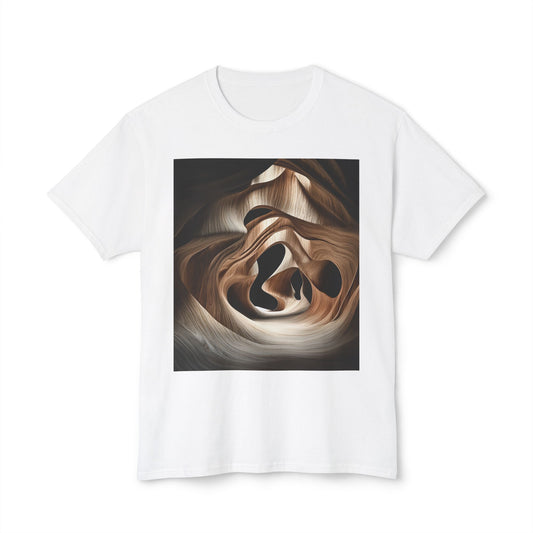 White T-shirt with abstract wave-like wood grain design.
